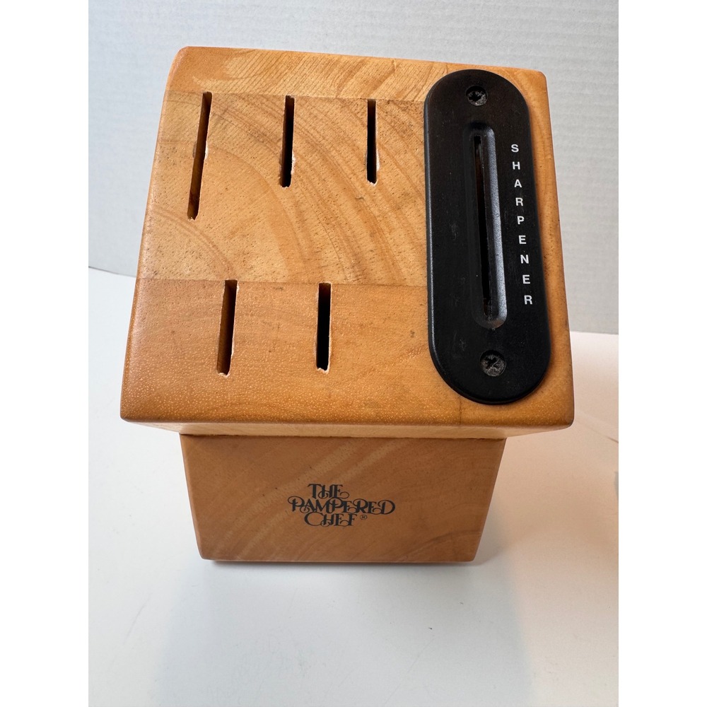 Pampered Chef Knife Block Natural Wood 5-Slot Built-in Sharpener